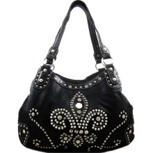 Handbag Rhinestone Stud Fleurdelis 3 Compartments Hobo Black