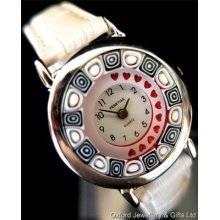 Handmade Black & White Millefiori Patterned Murano Glass 'red Heart' Watch Boxed