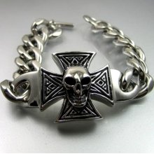Heavy Duty Biker Skull Cross Stainless Steel Mens Chain Bracelet 15mm Wide