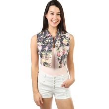 Highway Floral Print Denim Vest Female Navy