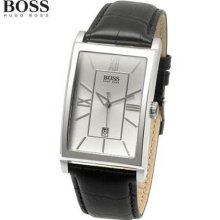 Hugo Boss Gents Classic Black Leather Strap Silver Square Face With Date Watch