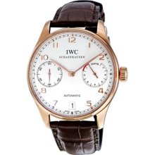 Iwc Portuguese Silver Dial 18kt Rose Gold Brown Leather Strap Automatic Mens