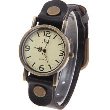 JQ Round Watch Clock Leather Band Hour Marks Brown Quartz Vintage Style Woman