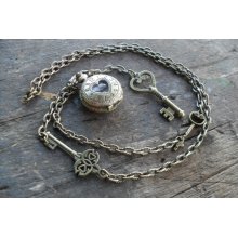 Key to My Heart Pocket Watch Necklace on 26.5 inch (66cm) Antique Bronze Chain, 1
