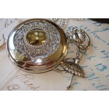 Lacy Filigree Cover Silver Pocket Watch With Front Window C 8-2/37s