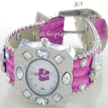 Ladies Crown Simulated Diamond Pink Leather Watch
