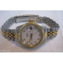 Ladies Geneva Fashion Watch- White Dial, Gemstone Hour Markers & Date Window