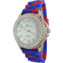 Ladies Mens Blue & Red Tie Dye Collegiate Kansas Crystals Silicon Watch