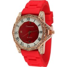 Ladies Red & Rose Gold Silicon Watch w/ Octagonal Face & Roman Numerals