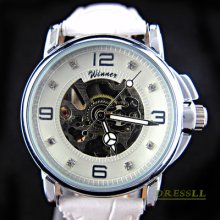 Lady Luxury White Partially Hollow Dial Leather Automatic Mechanical Wrist Watch
