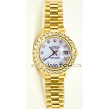 Ladys 18K Yellow Gold President Model 69178 Custom Added White Diamond Dial & 2CT Diamond Bezel