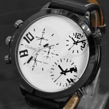 Large White Face Quartz Black Leather Band Men Male Wrist Sport Watch Leisure