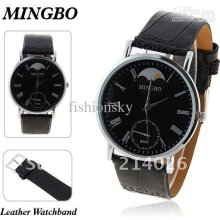 Leather Analog Watch With Silver Case Roman Numerals Hour Marks Roun