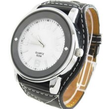 Leather Strap Quartz Hours Analog Round Face Sport Leisure Wrist Watch Black