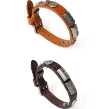 Leather Stud Metal Buckle Bracelet Wristband Vintage Cuff Brown Tan