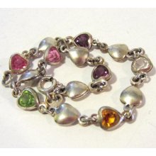 Lovely Italy sterling silver 925 Mixed Gemstones Heart Bracelet 7'' Long
