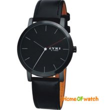 Lover's Casual Leisure Eyki Analog Clock Men's Black Leather Wrist Quartz Watch