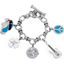 Lucky Brand Ladies Watch Charm Chain Silver Tone Bracelet Flower Peace White