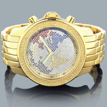 Luxurman World Map Mens Diamond Watch 0.25ct Yellow Gold