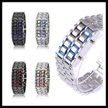 Luxury Cool Lava Iron Metal Digital Blue/red Led Faceless Bracelet Wrist Watch