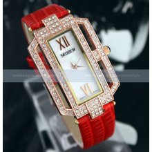 Luxury Crystal Classic Hollow Ladies Womens Silver Black Leather Quartz Watch