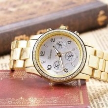 Luxury Mens Gold Band Analog White Crystal Gift Digital Quartz Men Wrist Watch