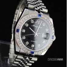 Luxury Silver Stainless Steel Diamond Men's Automatic Mechanical Calendar Watch