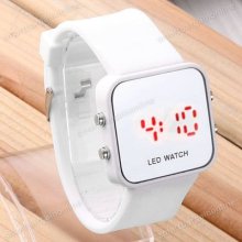 Luxury Sport Style Red Led Digital Mirror Watch White Rubber Wristwatch