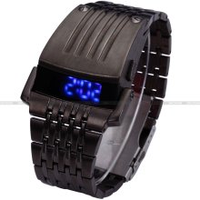 Luxury Stainless Steel Band Mens Digital Date Blue Led Sport Quartz Wrist Watch
