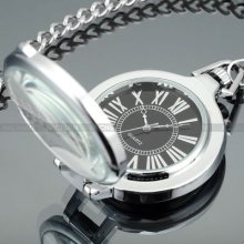 Magnifier Cover Silver Black Style Pendant Pocket Chain Quartz Watch Gift
