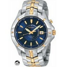 Men`s Silver Seiko Kinetic Watch W/Blue Face & Gold