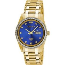 Menandapos;s Gold Tone Automatic Dress Watch Blue Dial Crystals