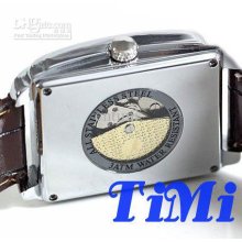 Mens Automatic Square Wrist Watch Oblong Date Second White Claret Go