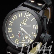 Mens Black Leather Watch W/calendar Auto Mechanical New
