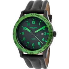 Men's Chronograph Black Dial Green IP Bezel Black Genuine Leather ...
