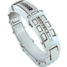 Mens Designer Greek Cz Stainless Steel Bangle Handcuff Heavy Bracelet 63grams