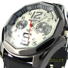 Mens Fashion Quartz Sport Style White Dial Black Rubber Band Wrist Watch