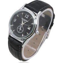 Men's Leather Band Round Dial Date Display Quartz Analog Wrist Watch