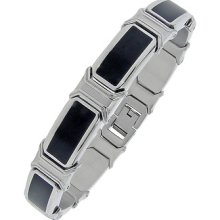 Men's Silver And Black Stainless Steel And Resin Link Bracelet