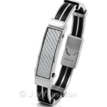 Mens Silver Stainless Steel Black Rubber Bracelet Carbon Fiber Cuff Vc862