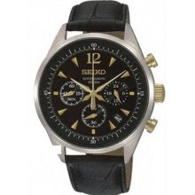 Men's Stainless Steel Case Leather Strap Chronograph Black Dial Date Display