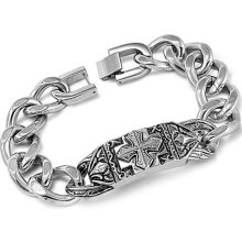 Mens Stainless Steel Celtic Cross Oxidized Finished, Curb Link Bracelet, Personalize it.