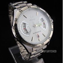 Men's White Dial Stainless Steel Band Automatic Mechanical Watch Calendar Watch