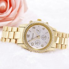 Mens Womens Crystal Case White Dial Golden Stainless Steel Wrist Watch Ff
