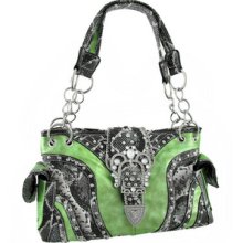 Metallic Green Purse With Python Trim And Ornate Buckl