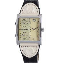 Mila Schon Women's Triple Time Zone Display Yellow Dial Leather Quartz Watch