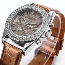 Miler Casual Brown Leather Lady Women Crystal Analog Quartz Wrist Watch Bracelet