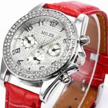 Miler Casual Red Leather Lady Women Crystal Analog Quartz Wrist Watch Bracelet