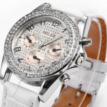 Miler Casual White Leather Lady Women Crystal Analog Quartz Wrist Watch Bracelet