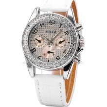 Miler Crystal Lady Women White Bracelet Leather Quartz Wrist Watch Dailyetrade